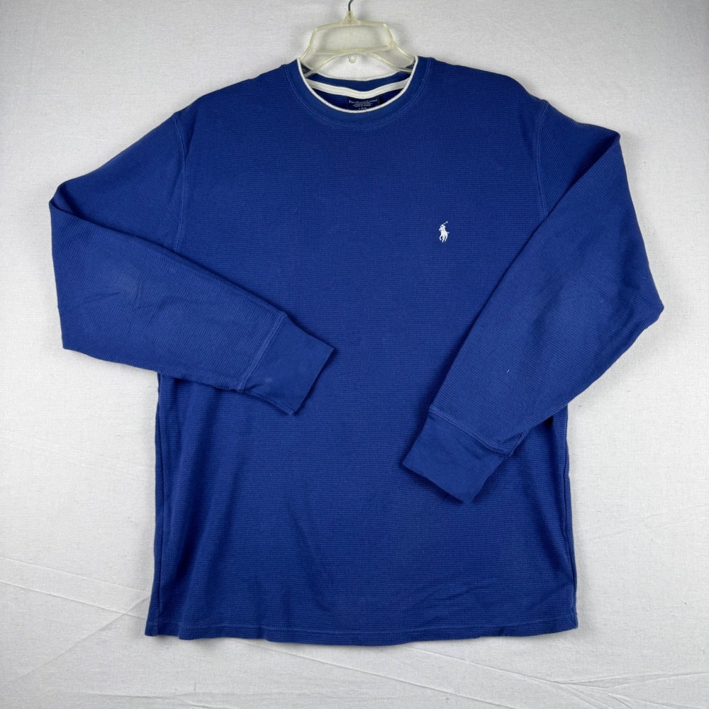 Polo Ralph Lauren Mens Blue Waffle Knit Thermal Long Sleeve Sleep Shirt Large